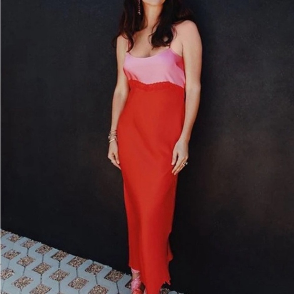 Gianni Bini x Dannijo Helena Two Tone Pink Red Color Block Satin Slip Dress